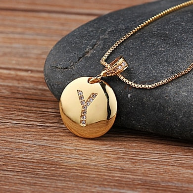 Gold Letter Alphabet Name Initials A to Z Necklace Charm Round Pendant Jewelry