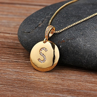 Gold Letter Alphabet Name Initials A to Z Necklace Charm Round Pendant Jewelry