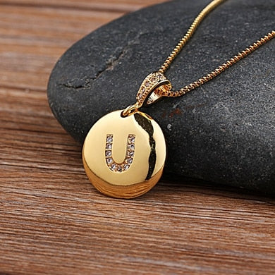 Gold Letter Alphabet Name Initials A to Z Necklace Charm Round Pendant Jewelry