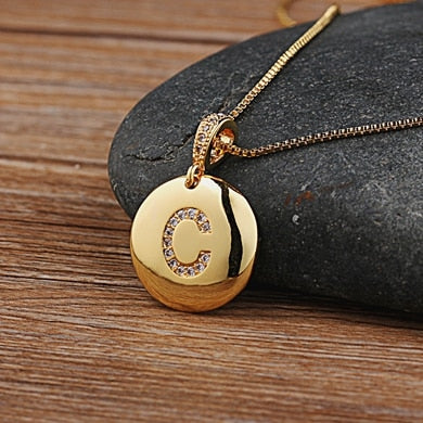 Gold Letter Alphabet Name Initials A to Z Necklace Charm Round Pendant Jewelry