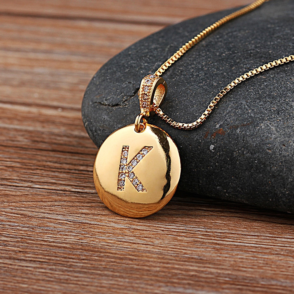 Gold Letter Alphabet Name Initials A to Z Necklace Charm Round Pendant Jewelry