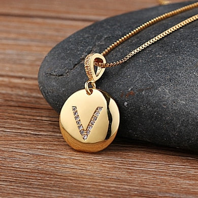 Gold Letter Alphabet Name Initials A to Z Necklace Charm Round Pendant Jewelry