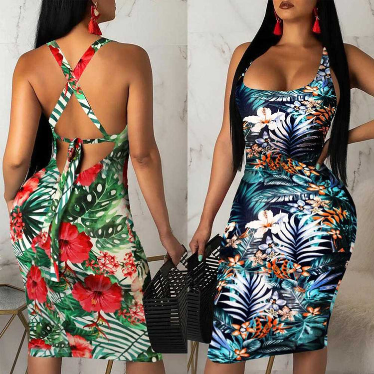 Women's Sleeveless Summer Boho Hawaiian Colorful Cut-Out Sling Dress