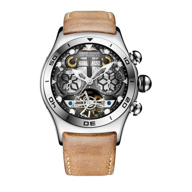 Luxury Skeleton Steel Watch With Sapphire Crystal Dome Face