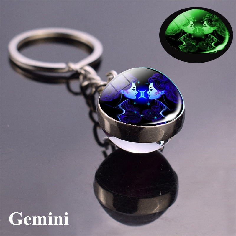 Zodiac Keychain Luminous Glass Star Sign Glow-In-The-Dark Astrology