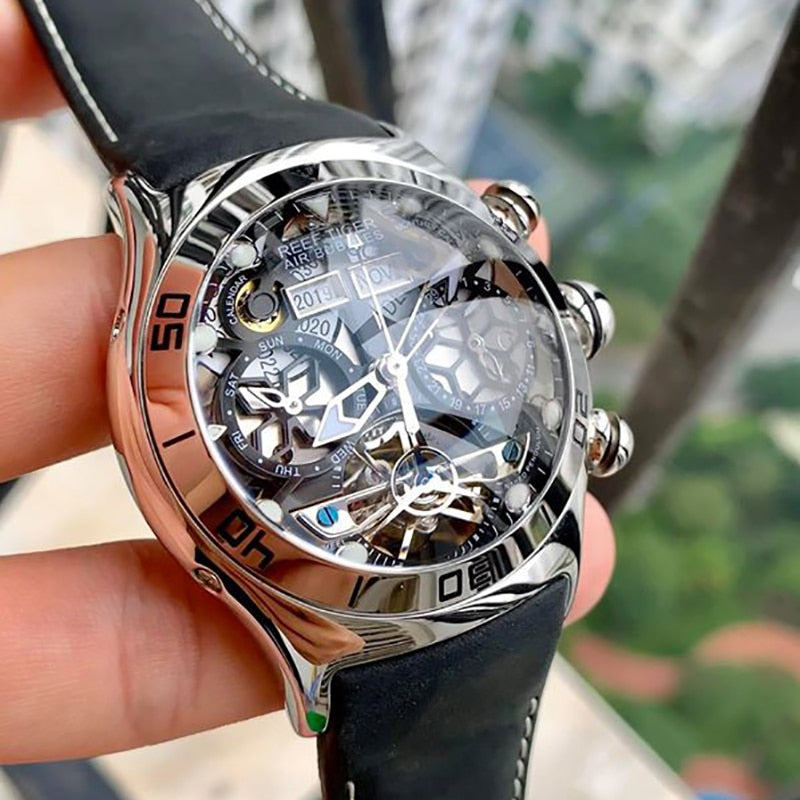 Luxury Skeleton Steel Watch With Sapphire Crystal Dome Face
