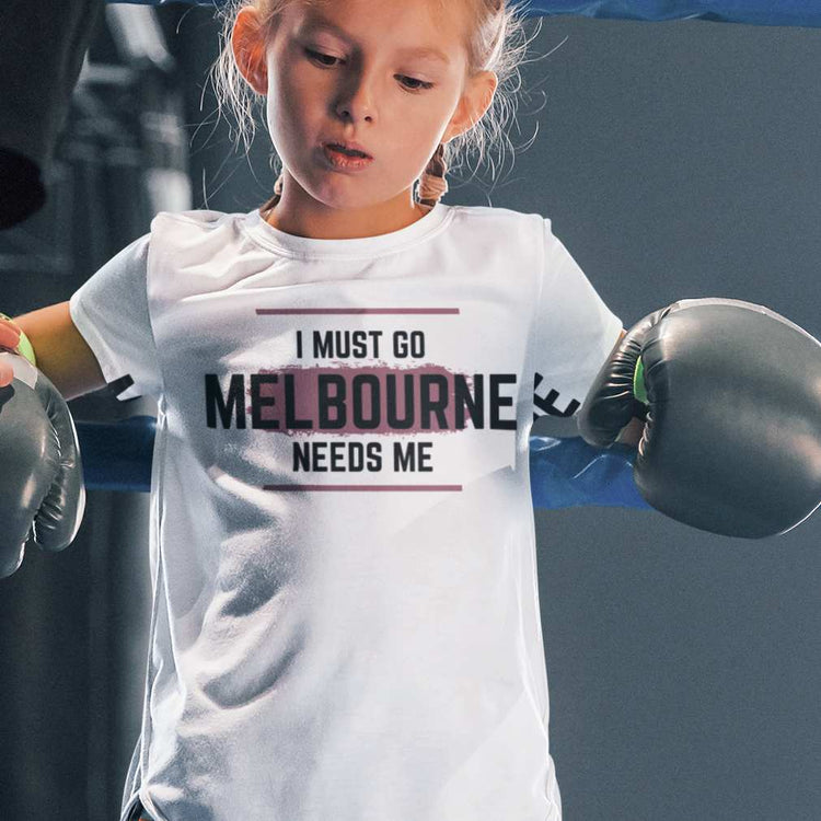 Funny Kids Superhero T-shirt "I Must Go, Melbourne Needs Me" - Boys & Girls Youth Crew Tee