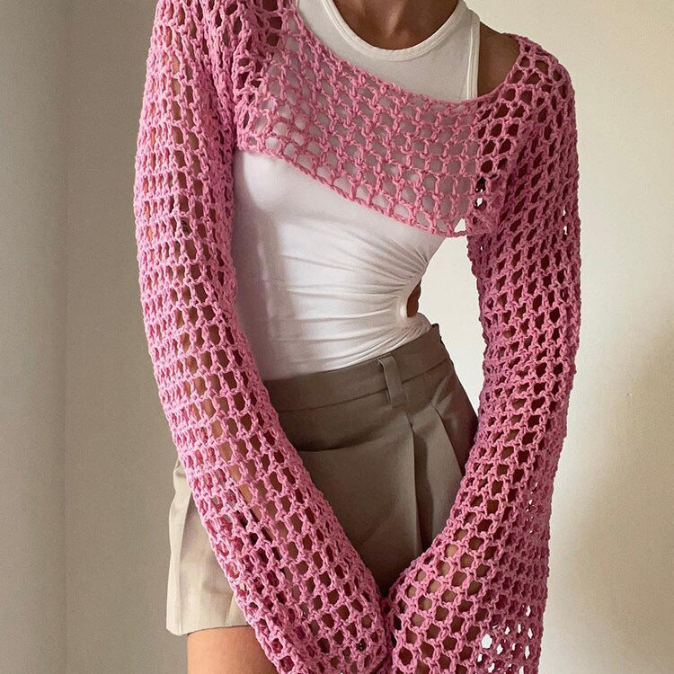 Mesh Crochet Crop Top Knit Throw On