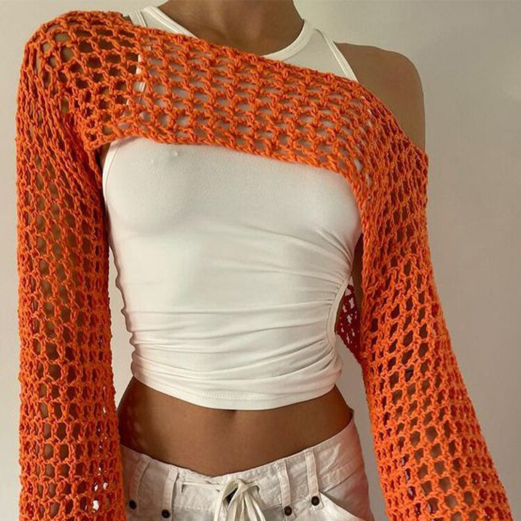 Women's Bandeau Mesh Crop Tube Top Knitted Long-Sleeve Hollow Party Smock Backless Summer