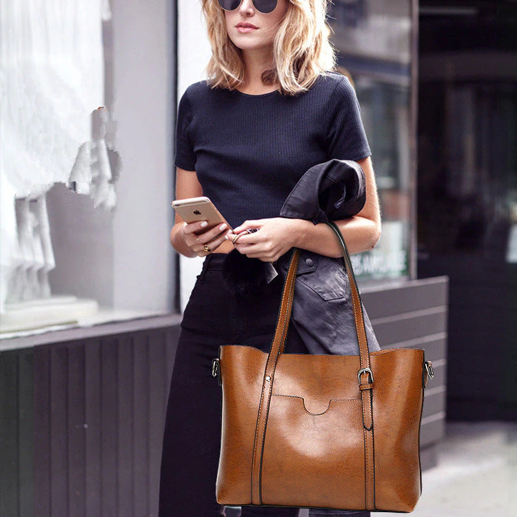 Leather Tote Busy Mum Bucket Bag Handbag Large-Capacity