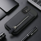 Samsung Phone Case With Leather Carbon Fibre Kickstand and Zipper Storage Pocket