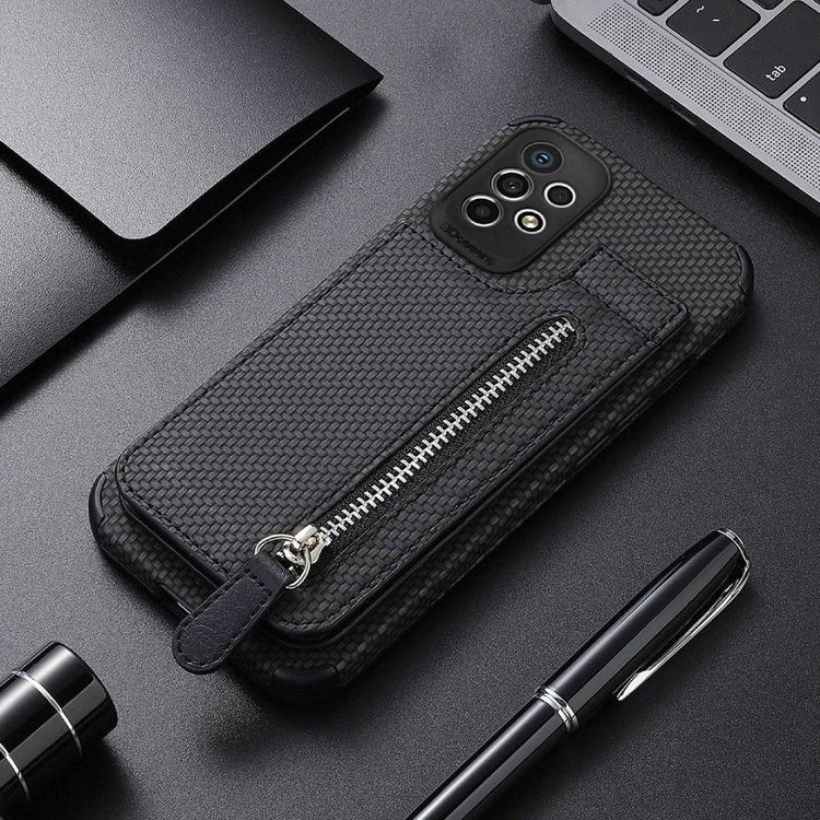 Phone Case With Leather Carbon-Fibre, Kickstand & Zipper Storage Pocket