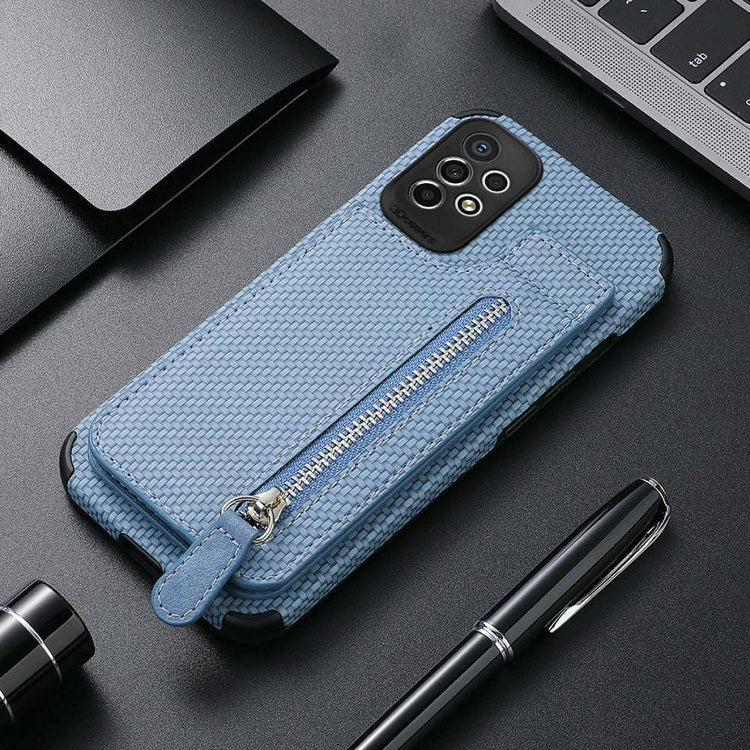 Phone Case With Leather Carbon-Fibre, Kickstand & Zipper Storage Pocket