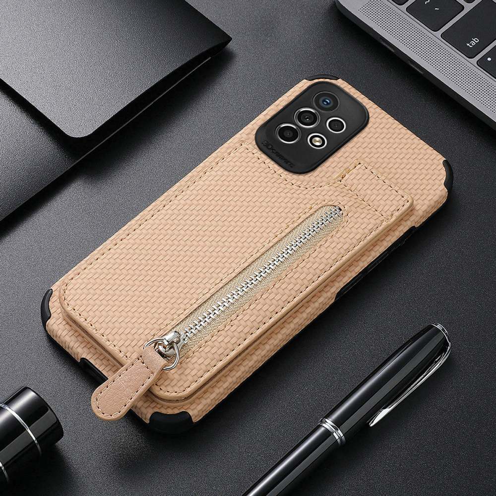 Phone Case With Leather Carbon-Fibre, Kickstand & Zipper Storage Pocket