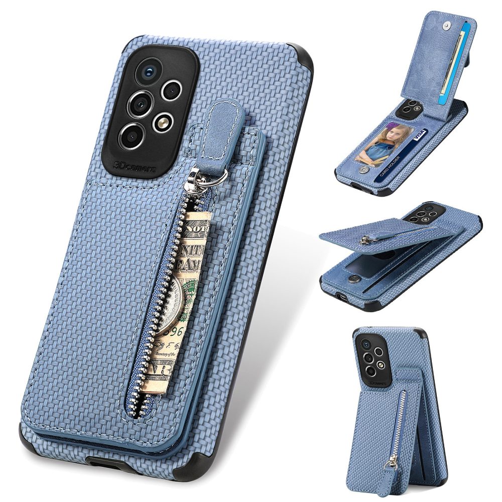 Phone Case With Leather Carbon-Fibre, Kickstand & Zipper Storage Pocket