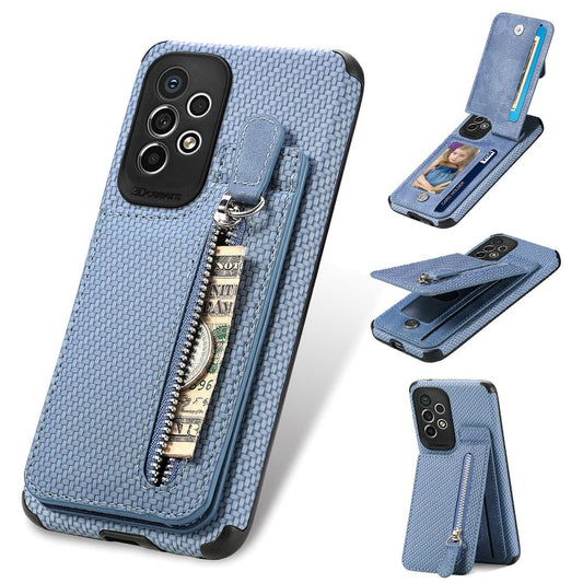 Mobile Cell Phone Case With Leather Carbon-Fibre, Kickstand & Zipper Storage Pocket