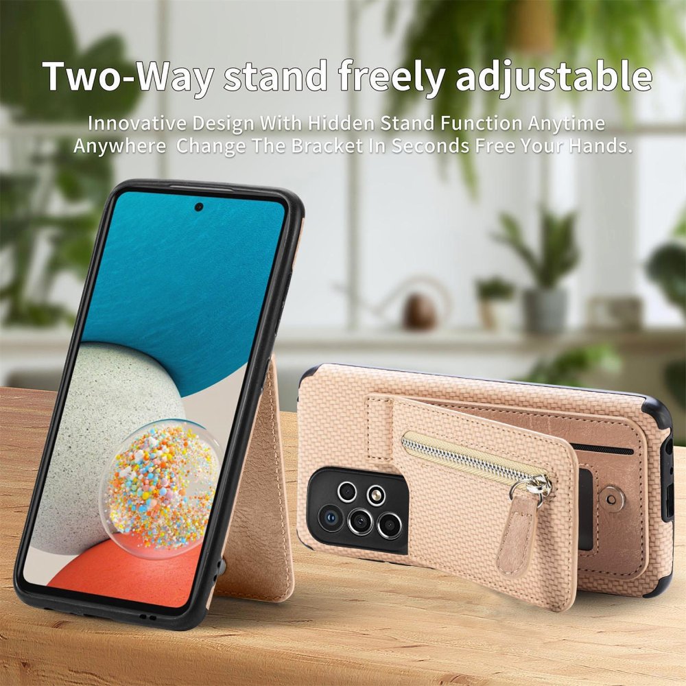 Samsung Phone Case With Leather Carbon Fibre Kickstand and Zipper Storage Pocket