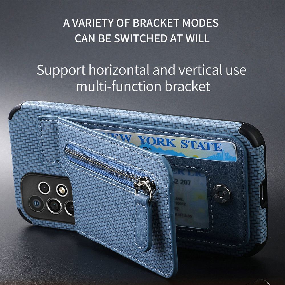 Samsung Phone Case With Leather Carbon Fibre Kickstand and Zipper Storage Pocket