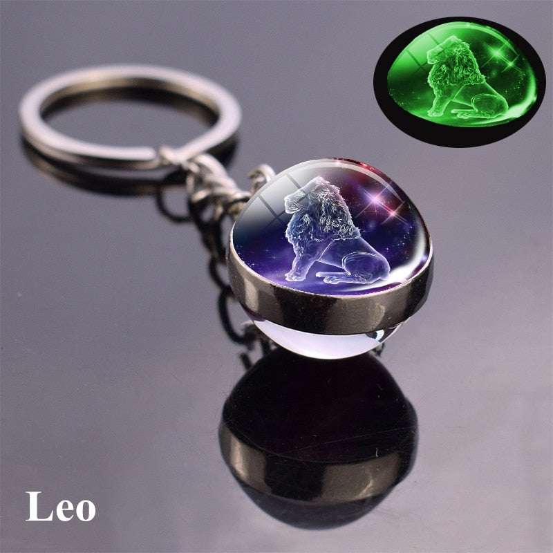 Zodiac Keychain Luminous Glass Star Sign Glow-In-The-Dark Horoscope Charm