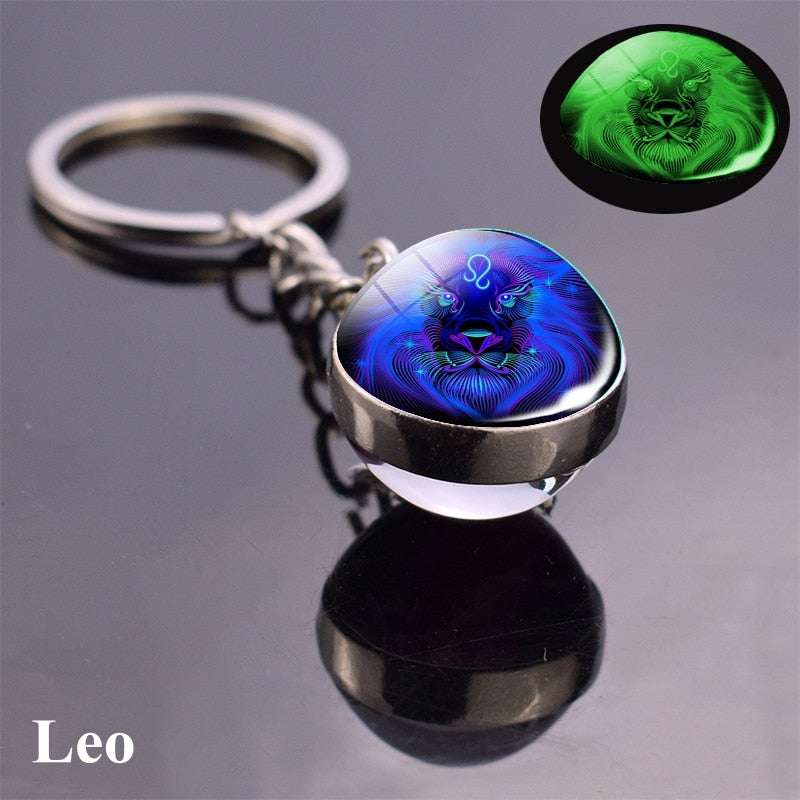 Zodiac Keychain Luminous Glass Star Sign Glow-In-The-Dark Horoscope Charm
