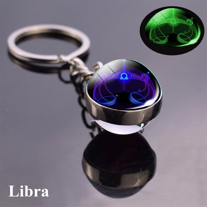 Zodiac Keychain Luminous Glass Star Sign Glow-In-The-Dark Horoscope Charm