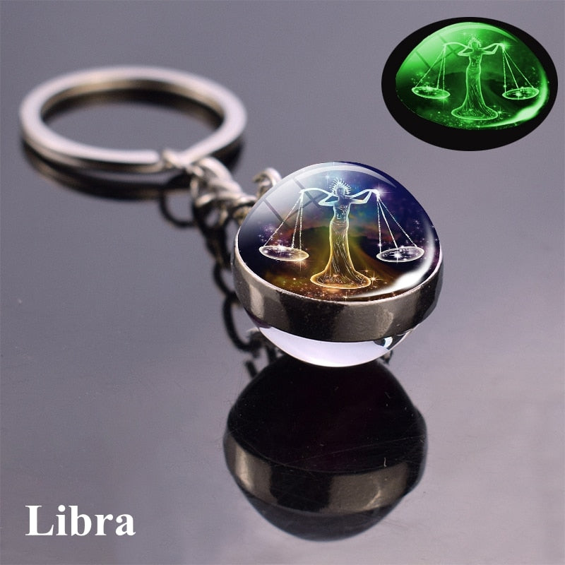 Zodiac Keychain Luminous Glass Star Sign Glow-In-The-Dark Horoscope Charm