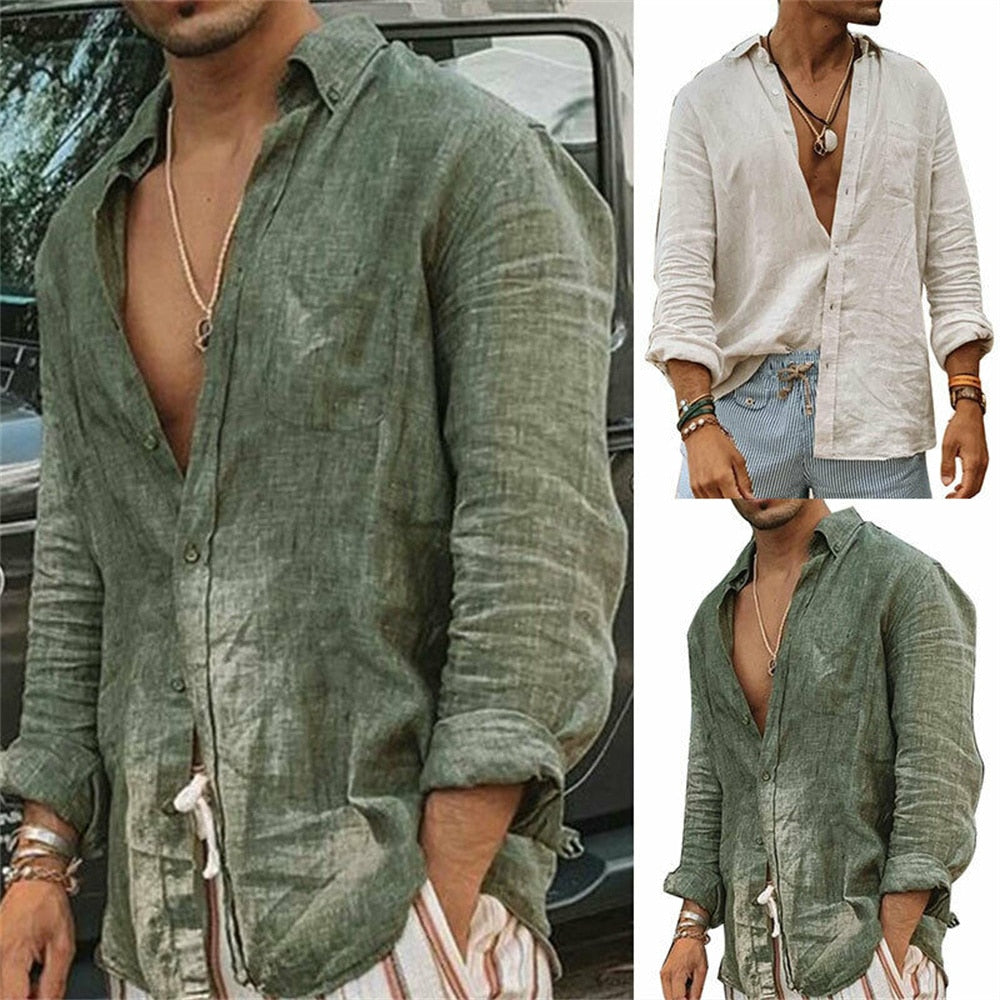 Men's Cotton Linen Shirt Stylish Cool Casual Loose-Fitting Top