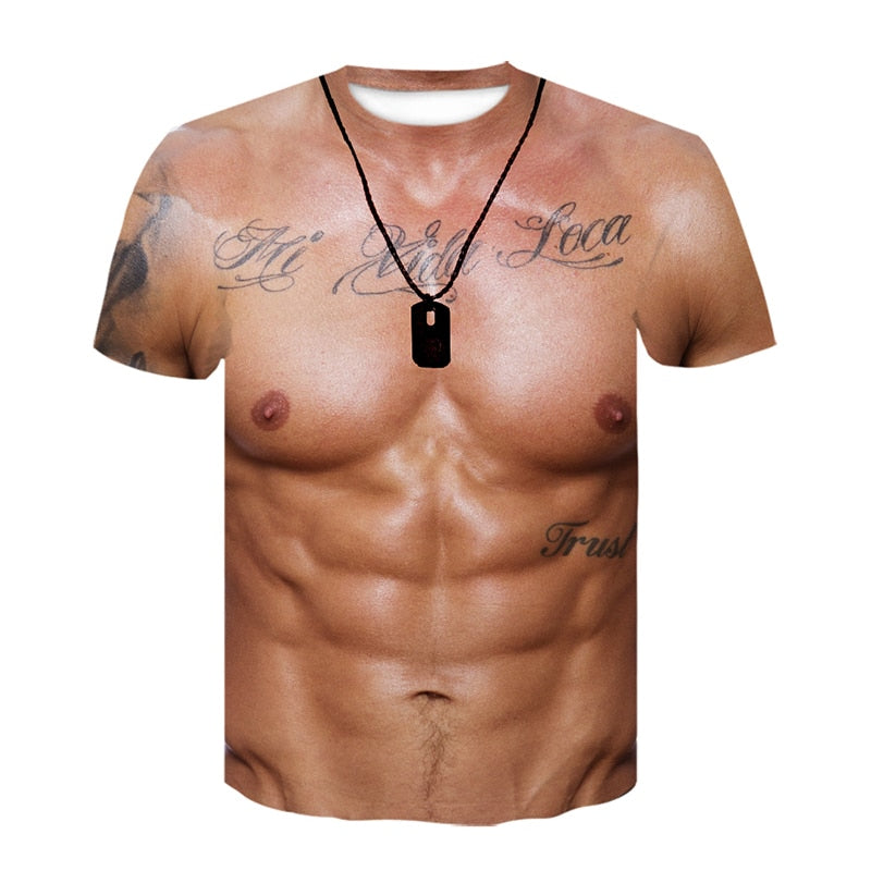 Instant Muscles T-shirt 3D Ripped Abs Funny Party Bodybuilder Fancy Dress Costume Plus Sizes