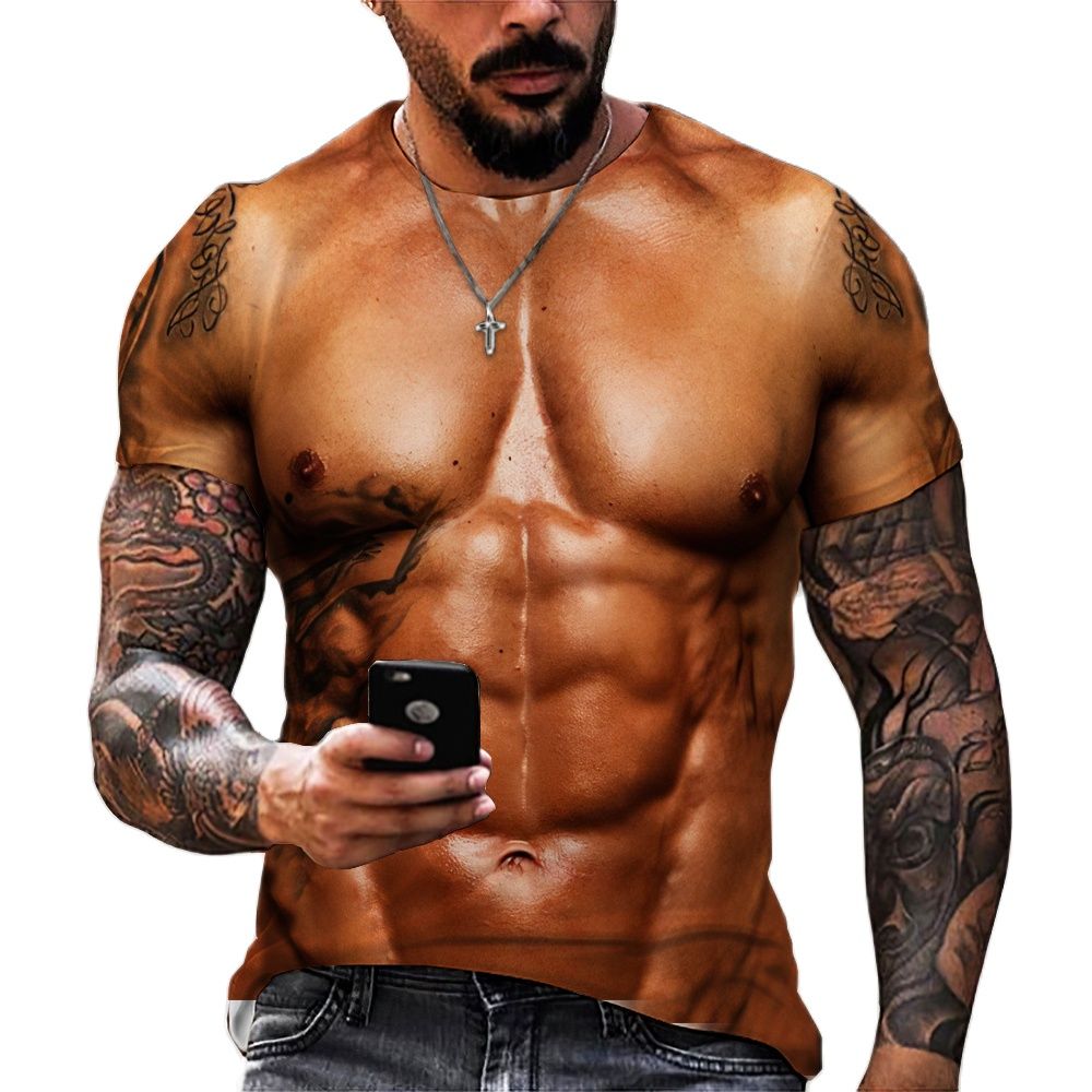 Instant Muscles T-shirt 3D Ripped Abs Funny Party Bodybuilder Fancy Dress Costume Plus Sizes