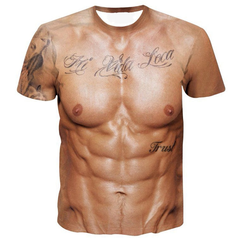 Instant Muscles T-shirt 3D Ripped Abs Funny Party Bodybuilder Fancy Dress Costume Plus Sizes