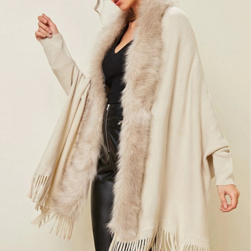 Pashmina Shawl Wrap Throw-Over With Stylish Fur Collar