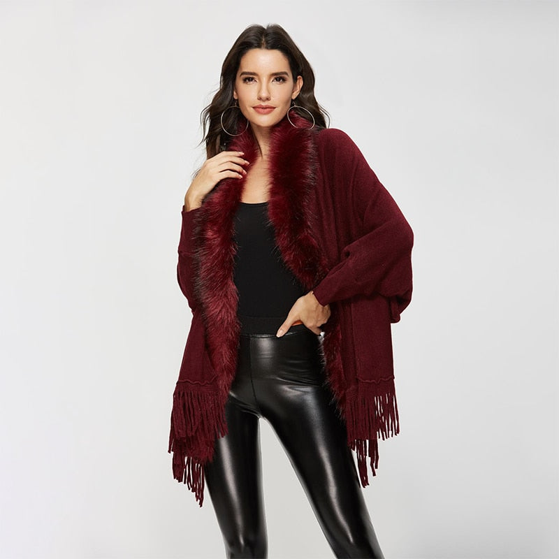 Pashmina Shawl Wrap Throw-Over With Stylish Fur Collar