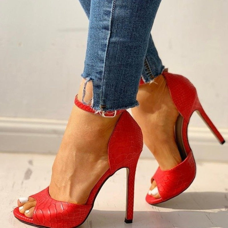 Peep Toe Snakeskin Shoes Women's Snake Print Pumps Ankle Strap High Heels Open Toe