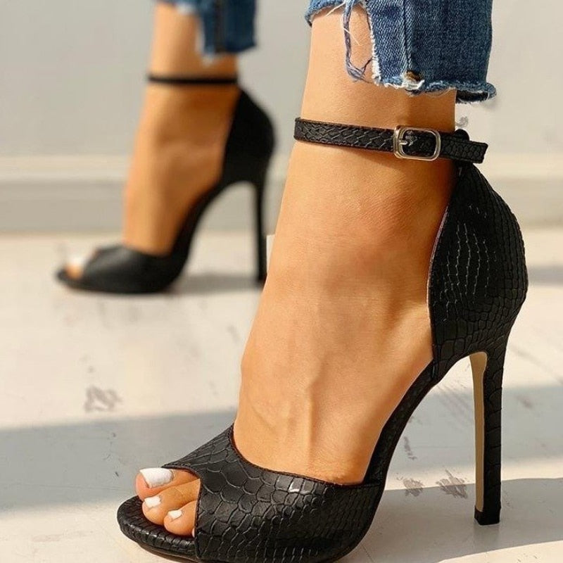 Peep Toe Shoes Women's Snake Print Ankle Strap High Heels Open Toe-Keep Melbourne Marvellous Official Store