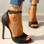 Peep Toe Snakeskin Shoes Women's Snake Print Pumps Ankle Strap High Heels Open Toe