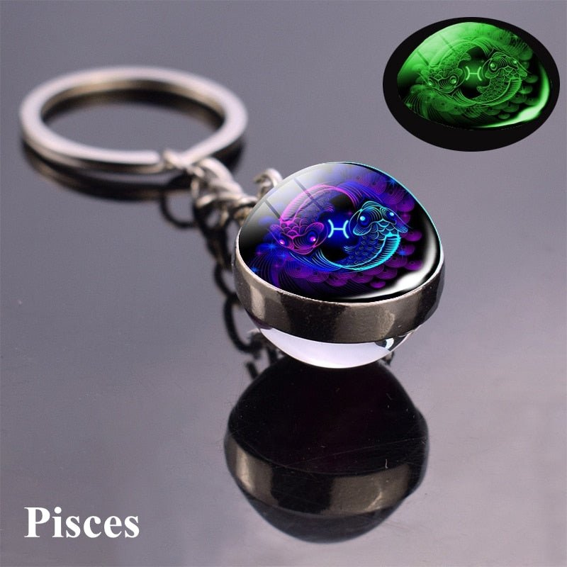 Zodiac Keychain Luminous Glass Star Sign Glow-In-The-Dark Horoscope Charm