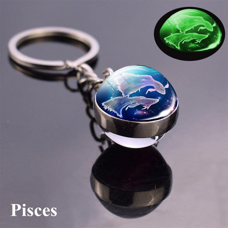 Zodiac Keychain Luminous Glass Star Sign Glow-In-The-Dark Horoscope Charm