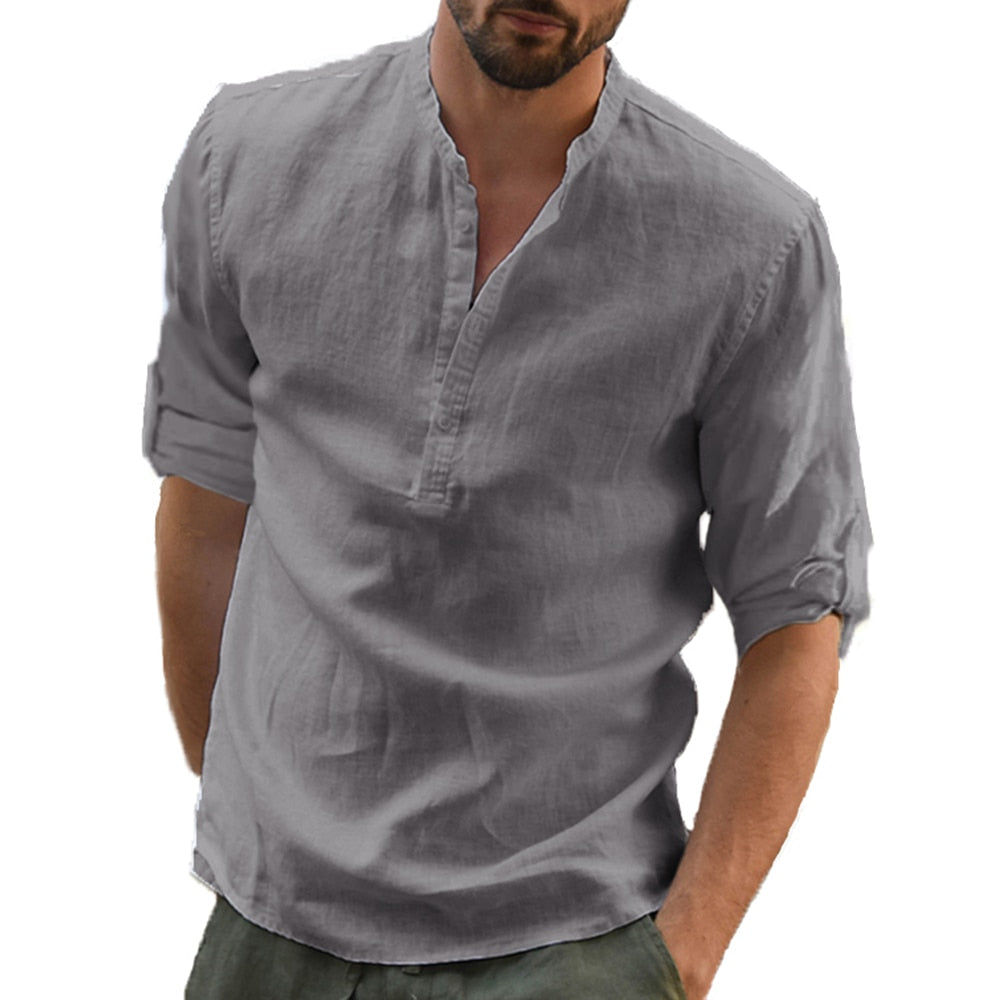 Men's Henley Collar Shirt Linen and Cotton Trendy Casual