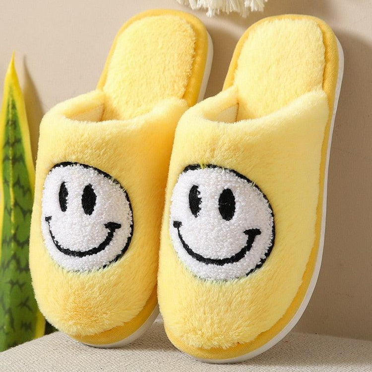 Smiley Face Soft Slippers Happy Fluffy Fur Comfortable Smiling House Shoes