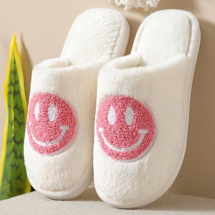 Smiley Face Soft Slippers Happy Fluffy Fur Comfortable Smiling House Shoes