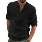 Men's Henley Collar Shirt Linen and Cotton Trendy Casual