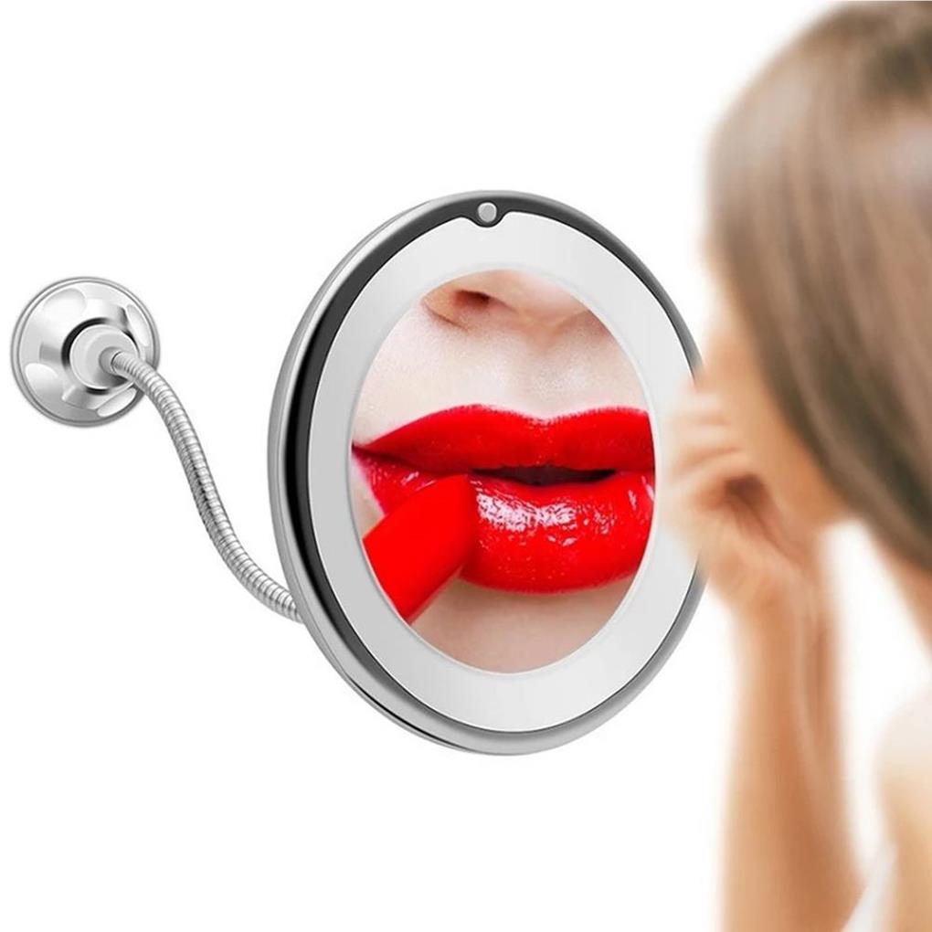 Face Mirror Suction Cup Bathroom Makeup & Shaving Flexible 10X Gooseneck Vanity LED Light