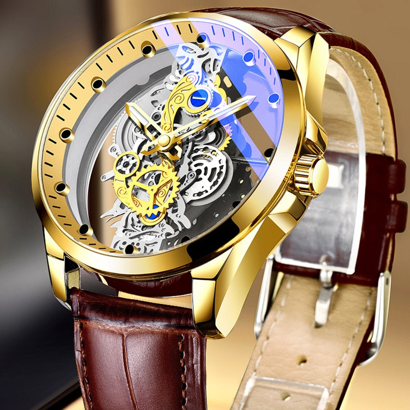 Skeleton Mechanical Quartz Gold Silver See-Through Watch