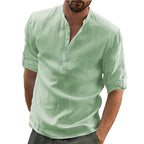 Men's Henley Collar Shirt Linen and Cotton Trendy Casual