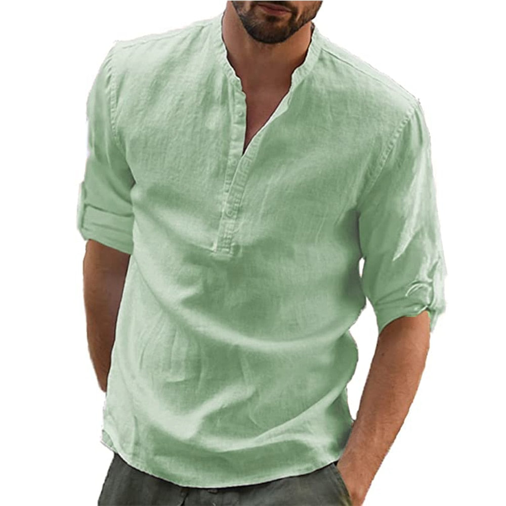 Men's Henley Collar Shirt Linen and Cotton Trendy Casual