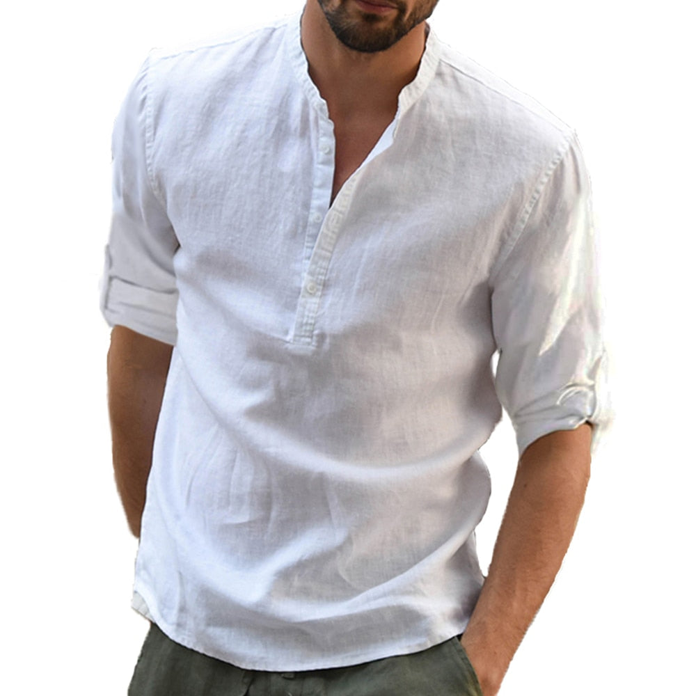 Men's Henley Collar Shirt Linen and Cotton Trendy Casual