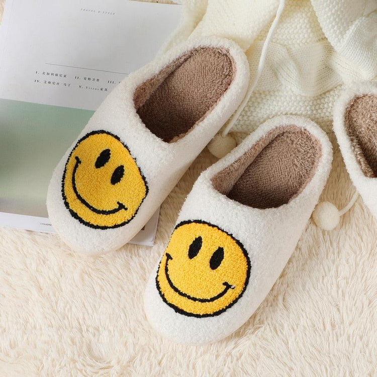 Smiley Face Soft Slippers Happy Fluffy Fur Comfortable Smiling House Shoes