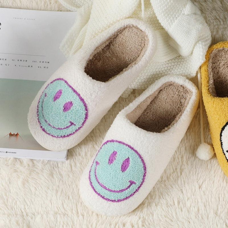 Smiley Face Soft Slippers Happy Fluffy Fur Comfortable Smiling House Shoes