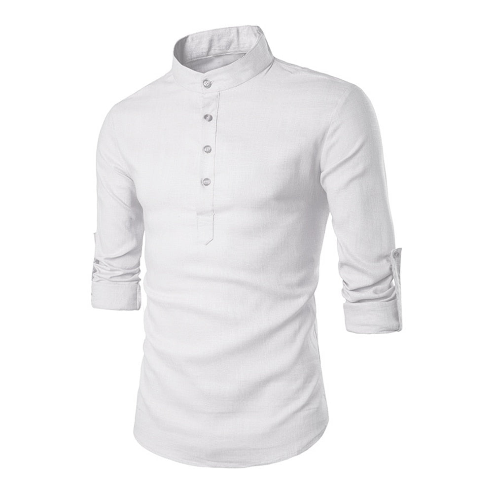 Men's Henley Collar Shirt Linen and Cotton Trendy Casual