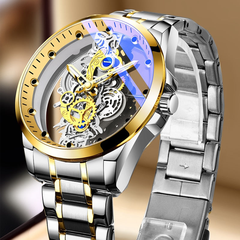 Skeleton Mechanical Quartz Gold Silver See-Through Watch